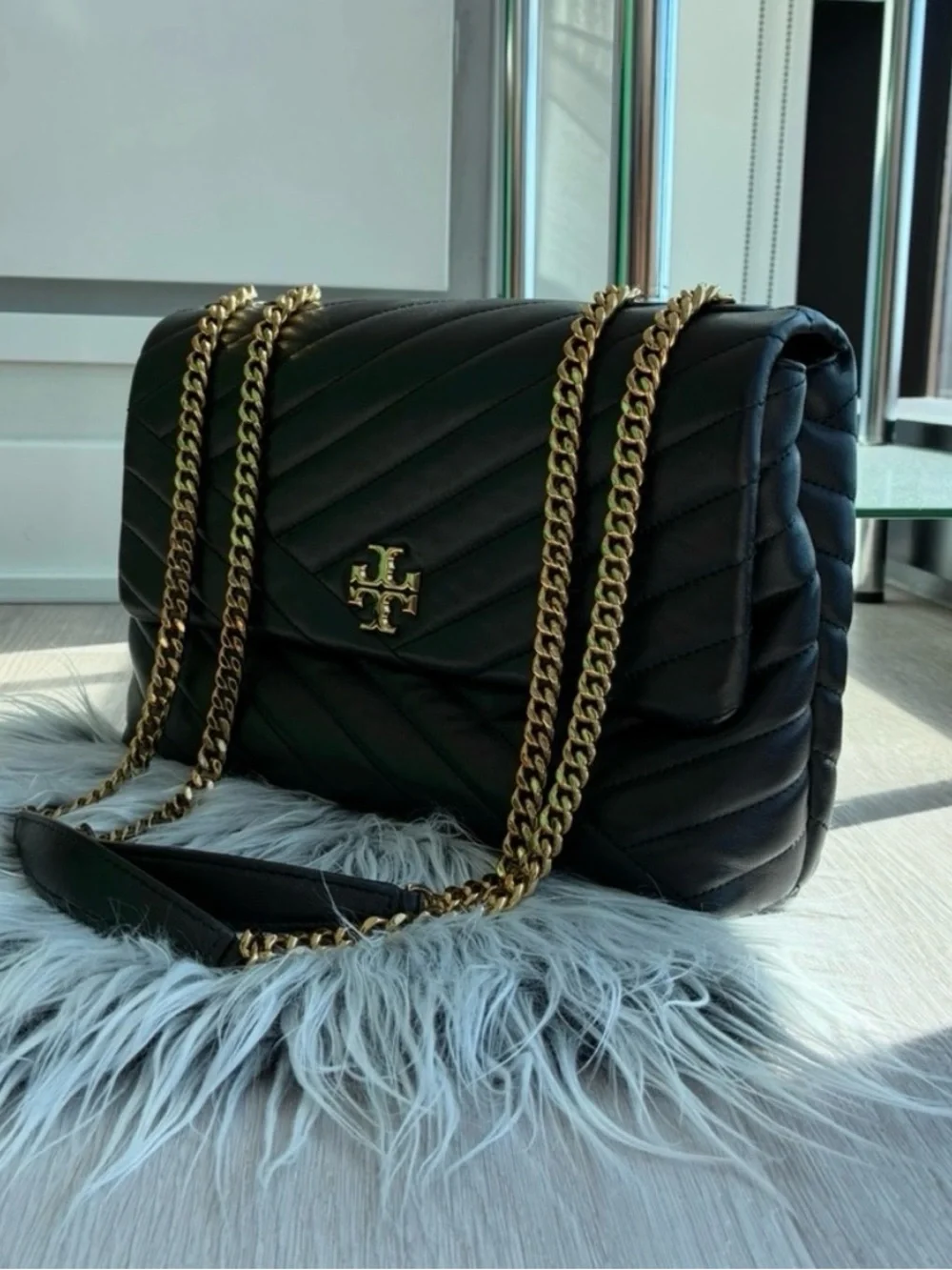 Tory Burch Black Quilted Shoulder Bag with Gold Chain Strap